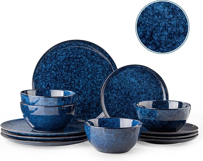 Dafuceramic Plates and Bowls Sets, 12 Pieces Dark Blue Dinnerware Sets for Kitchen, Reactive Glaze Dishes Set for 4, Dishwasher and Microwave Safe, Series Starflecked Shore(Dark Blue)