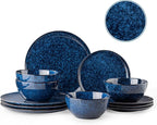 Dafuceramic Plates and Bowls Sets, 12 Pieces Dark Blue Dinnerware Sets for Kitchen, Reactive Glaze Dishes Set for 4, Dishwasher and Microwave Safe, Series Starflecked Shore(Dark Blue)