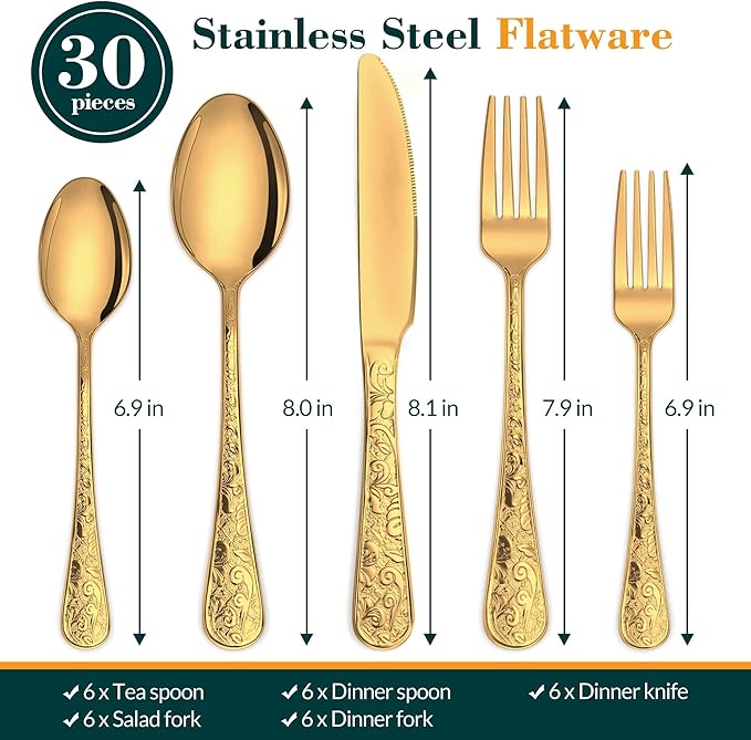 Gold Silverware Set, 30 Pieces Vintage Carved Flatware Set for 6, Stainless Steel Cutlery Set with Knife/Fork/Spoon,Utensil Set for Home and Kitchen, Dishwasher Safe