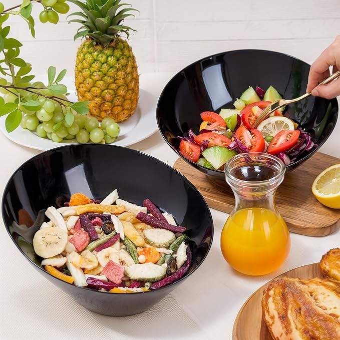 bUCLA 12 Pack Black Plastic Serving Bowls - 54 OZ Angled Bowls Disposable for Chip&Candy - Party Table Salad and Fruit for Party, Wedding & Graduation