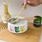 Matcha Gift Set 6 Pcs – Ceramic Bowl, Bamboo Whisk, Whisk Holder, Scoop, Sifter & Cloth – Traditional Japanese Set for Green Tea by Aprika Matcha (White with Cats)