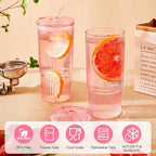 GOSCHE Glass Cups with Lids and Straws, 24oz Glass Tumbler with Straw and Lid, Iced Coffee Cups with Handle for Smoothie Juice Water Tea, Pink, 2 Pack