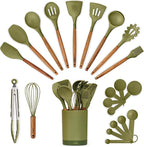 Silicone Kitchen Utensils Set & Holder: Cooking Utensils Set - Kitchen Essentials for New Home & 1st Apartment- Silicone Spatula Set, Cooking Spoons for Nonstick Cookware (Acacia Wood, Green)