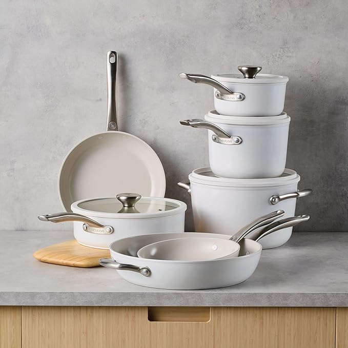 Circulon Halo with LaserDefense Ceramic Nonstick Pots and Pans with Lids, Compatible with All Stovetops, Made without PFAS, Dishwasher and Oven Safe, 11 Piece Cookware Set - Pearl White