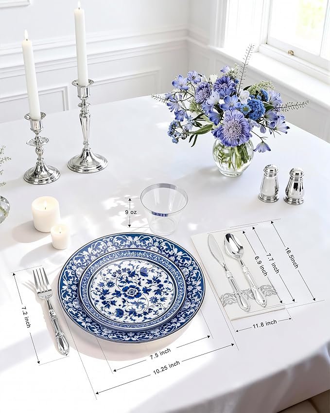Hioasis 175PCS Blue Plastic Plates - Floral Disposable Dinnerware Set for 25 Guests, Include 50 Dinner & Dessert Plates, 75 Silver Cutlery, 25 Napkins, 25 Cups Perfect for Party (Art Style)
