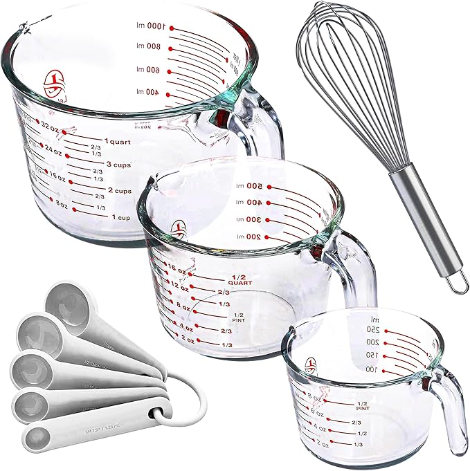 Le'raze Set of 3 Glass Measuring Cups with Measuring Spoons & Whisk - Kitchen Mixing Bowl Liquid Measure Cup, Glass Bakeware. 1 cup, 2 cup, 4 cup., Multi Size, Clear