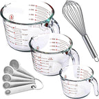 Le'raze Set of 3 Glass Measuring Cups with Measuring Spoons & Whisk - Kitchen Mixing Bowl Liquid Measure Cup, Glass Bakeware. 1 cup, 2 cup, 4 cup., Multi Size, Clear