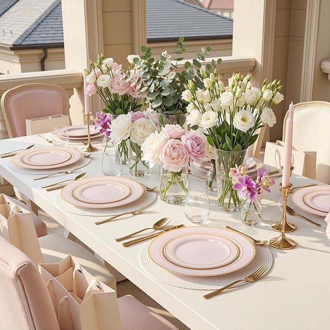 WDF Partyware 350PCS Pink Disposable Plates - Pink Plastic Plates 50Guests Plastic Dinnerware Sets with Rolled Napkins for Wedding/Birthday/Baby shower/Mother's Day