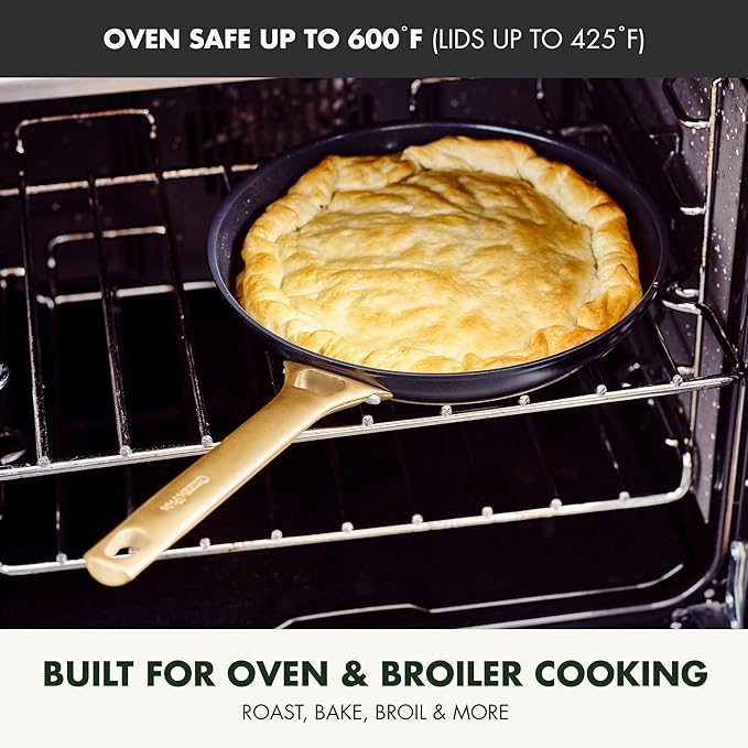 GreenPan Hard Anodized Healthy Ceramic Nonstick, 8" 10" and 12" 3 Piece Frying Pan Skillet Set, Gold Handle, PFAS-Free, Dishwasher Safe, Oven Safe, Black