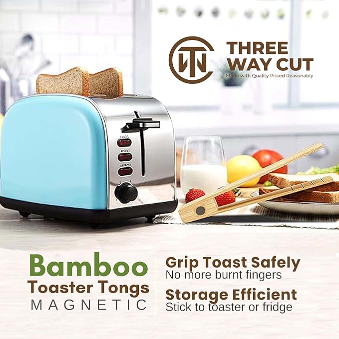 Toaster Tongs With Magnet | Bamboo Kitchen Utensils For Cooking & Holding Toast Bacon Muffin Bagel Bread | 8" Long Natural Toxic Free Magnetic | 2pcs Set