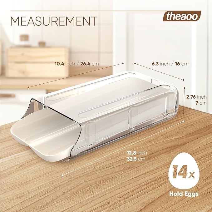 theaoo Egg Holder for Fridge, Automatic Rolling Egg Container for Refrigerator, Clear Plastic Egg Dispenser, Stackable Eggs Organizer with Quick Removable inner Tray For Organizers and Storage, 1 Pack