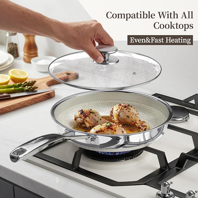 10 Inch Non Stick Frying Pan with Lid, Ceramic Hybrid Tri-Ply Stainless Steel Non Stick Skillet Pan W/ Lid Healthy Nonstick Cookware Induction Omelette Chef Frying Pan, Oven Safe, PFAS/PFOA/PTFE Free