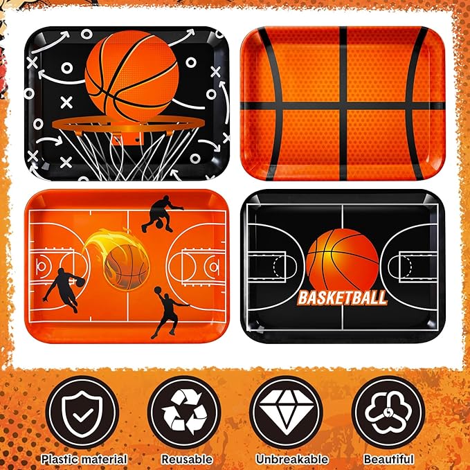 4 Pieces Basketball Serving Trays - Sports Melamine Platters Reusable Rectangle Party Trays for Basketball Sports Theme Party Food Dessert Serving Supplies, 13 x 9.7 inch