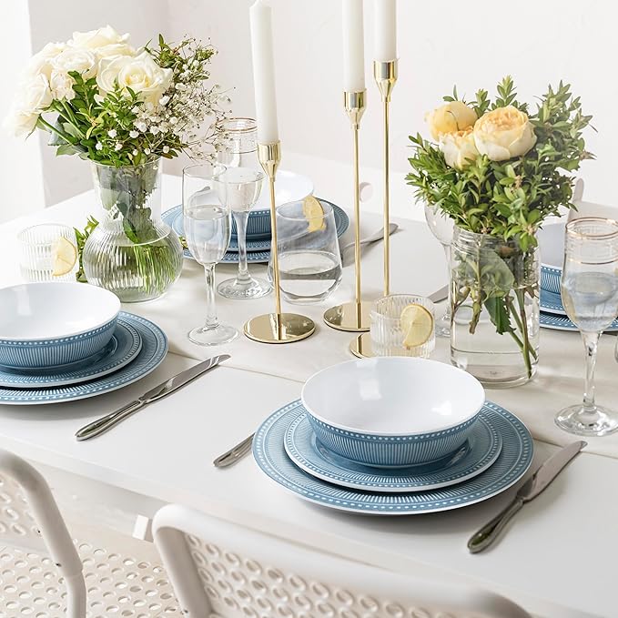 AELS Melamine Dinnerware Set of 12 Pcs, Dinner Dishes Set for Indoor and Outdoor Use, Melamine Plates and Bowls Set for 4, Dishwasher Safe, Lightweight Unbreakable, BPA Free, Blue