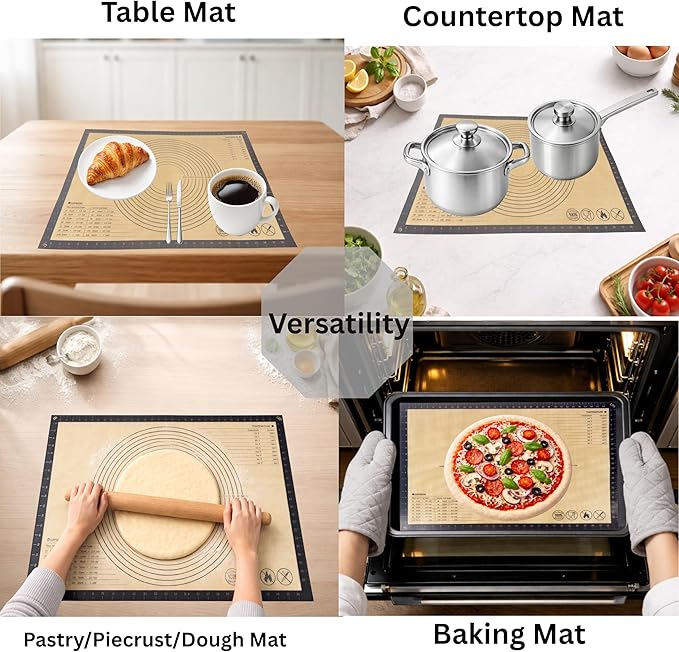 Silicone Pastry Mat with Measurements, 26 x 16 Inch Extra Thick Non-Slip Nonstick Large Baking Mat for Dough Rolling, Kneading, Fondant and Pie, Gray