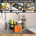Sponge Holder & Sink Caddy Organizer - Rustproof Kitchen Sink Organizer with High Brush Holder - Kitchen Essentials Countertop Storage Organization (Black)