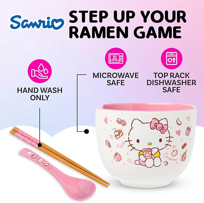 Silver Buffalo Sanrio Hello Kitty Apples and Cinnamon Ceramic Ramen Noodle Rice Bowl with Chopsticks and Spoon, Microwave Safe, 20 Ounces