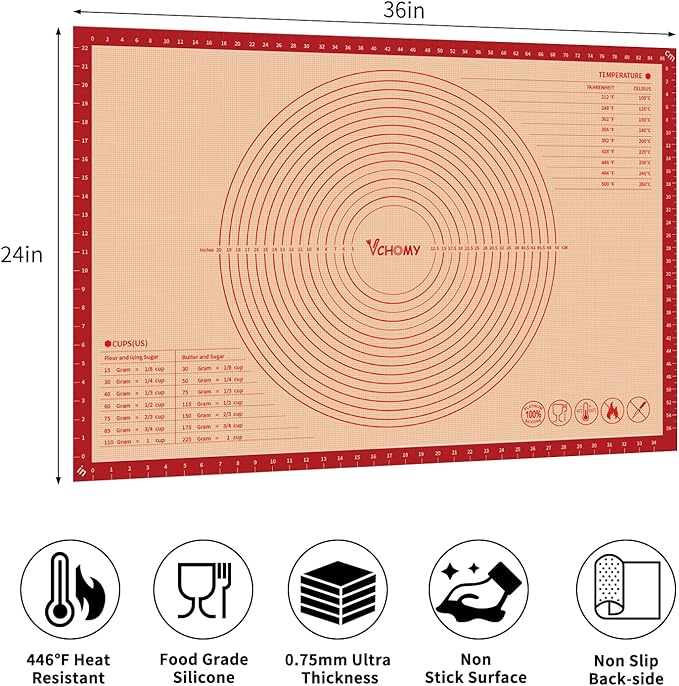 Extra Large Silicone Pastry Mat for Counter Rolling Dough,36x24 Inch,0.75mm Thick,Non Slip Silicone Baking Mat with Measurement(36 x 24 In,Red)