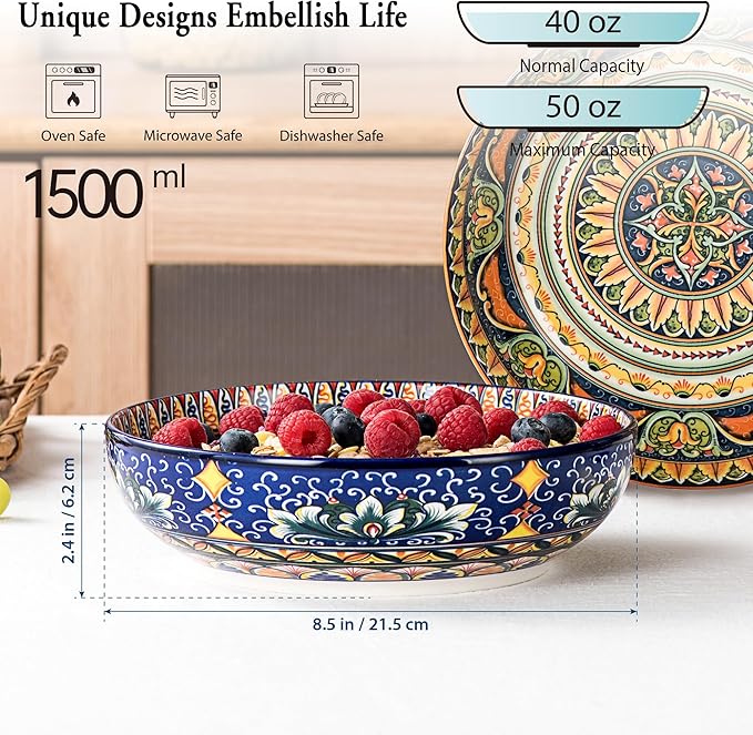 Henten Home Porcelain Pasta Bowls Set of 2, Ceramic 50 oz Soup Bowl, Colorful Large Salad Bowls, Bohemia Style Serving Bowls Set for Noodles, Microwave & Dishwasher Safe (B)