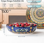 Henten Home Porcelain Pasta Bowls Set of 2, Ceramic 50 oz Soup Bowl, Colorful Large Salad Bowls, Bohemia Style Serving Bowls Set for Noodles, Microwave & Dishwasher Safe (B)