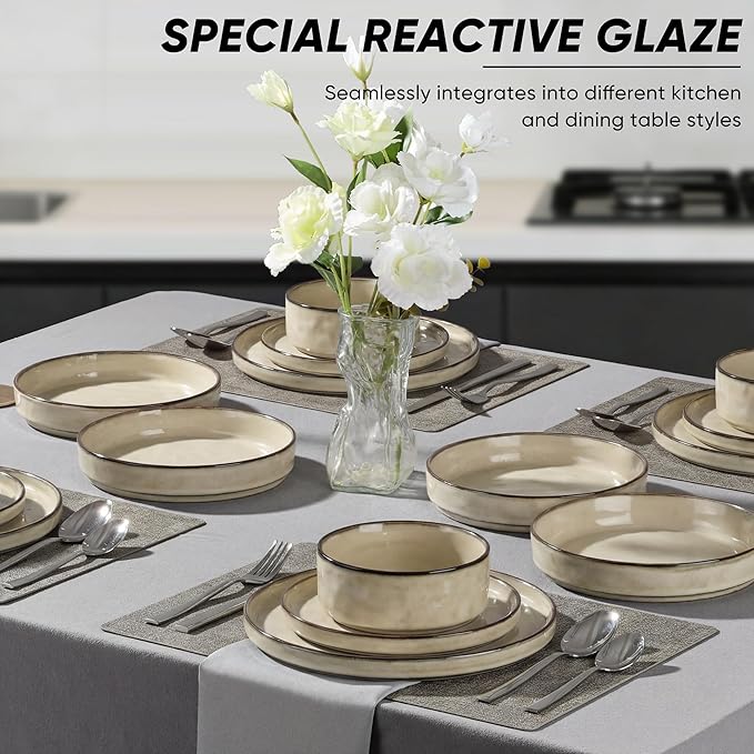 E-far 16-Piece Plates and Bowls Sets with Pasta Bowls - Stoneware Dinnerware Set for 4, Modern Ribbed Dishes, Microwave & Dishwasher Safe, Sandy Khaki