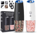 Rechargeable Electric Salt and Pepper Grinder set of 2, gravity electric salt and pepper grinder set, Adjustable Roughness, LED Light, 2 Pack, (Black&White)