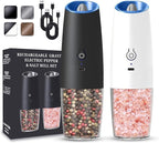 Rechargeable Electric Salt and Pepper Grinder set of 2, gravity electric salt and pepper grinder set, Adjustable Roughness, LED Light, 2 Pack, (Black&White)