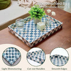 CHI AN HOME 15.8" x 11.8" Decorative Rectangular Tray with Natural Capiz Shells, Checkered Tray with Handles, Serving Tray for Ottoman, Coffee Table, Kitchen Counter Home Decor (Navy Blue)
