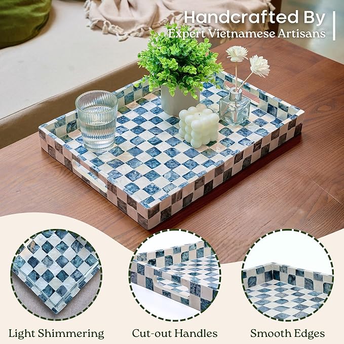 CHI AN HOME 15.8" x 11.8" Decorative Rectangular Tray with Natural Capiz Shells, Checkered Tray with Handles, Serving Tray for Ottoman, Coffee Table, Kitchen Counter Home Decor (Navy Blue)