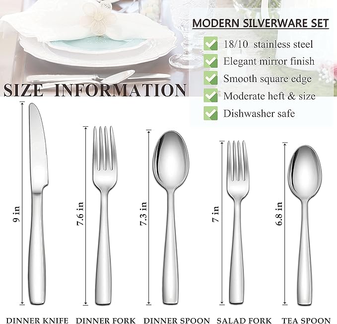 Herogo 18/10 Stainless Steel Silverware Set, 60-Piece Fancy Flatware Cutlery Set for 12, Modern Eating Utensils Tableware for Home Restaurant Wedding, Mirror Polished, Dishwasher Safe