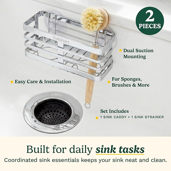 Cuisinart 2 Piece Sink Set – Sink Drain Strainer with Stainless Steel Rim & Silicone Mesh Base & Sponge Holder for Kitchen Sink, Metal Caddy with Triple Suction Cups, Daily Kitchen Essentials