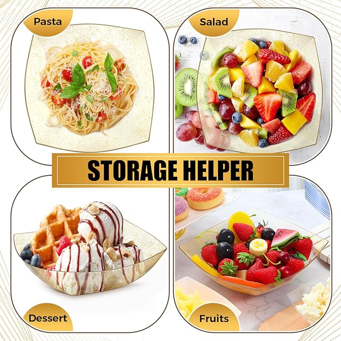 Tanlade 50 Pcs Gold Glitter Square Plastic Serving Bowls Disposable Snack Salad Bowl Small Party Candy Bar Containers Taco Bar Serving Dishes for Buffet Chips Fruit(32 oz)