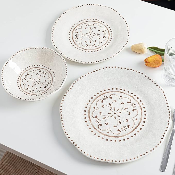 LEHAHA Beaded Crackle 12 Piece Melamine Camping Dinnerware Set, Plates and Bowls Sets, Indoor and Outdoor Use, Break-Resistant Rustic RV Dishes Set, Service for 4(Ivory)…