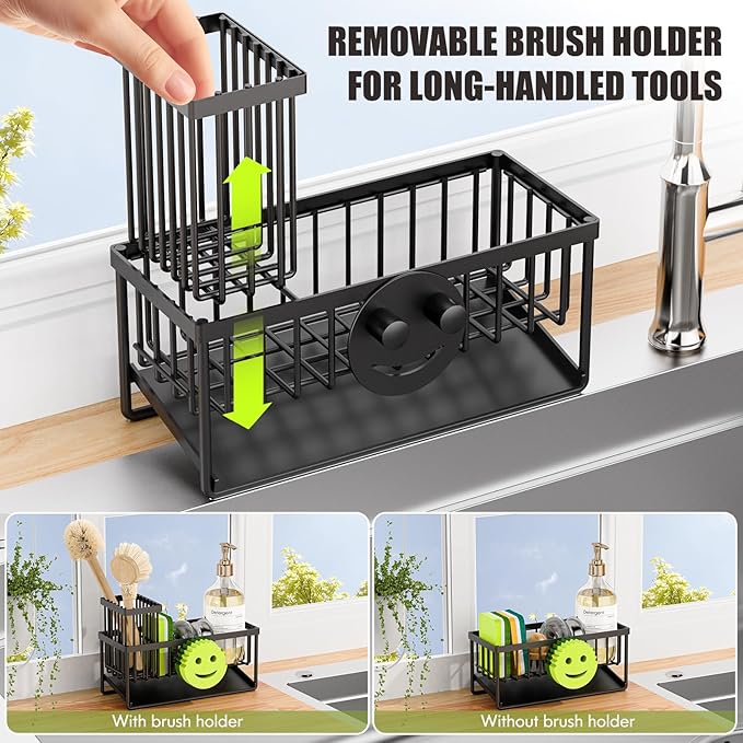 MURLONG Kitchen Sink Organizer,Sink Caddy Organizer with Removable Brush Holder,Self-Draining Countertop Organizers and Storage Essentials,Home Decor and Kitchen Gadgets-Black