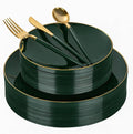 DaYammi 150Pcs Green Plastic Plates with Gold Rim,Gold and Green Disposable Plates with Cutlery Included 30 Dinner Plate,30 Dessert Plate,30 Knives,30 Forks,30 Spoon, green plates for Party Dinner