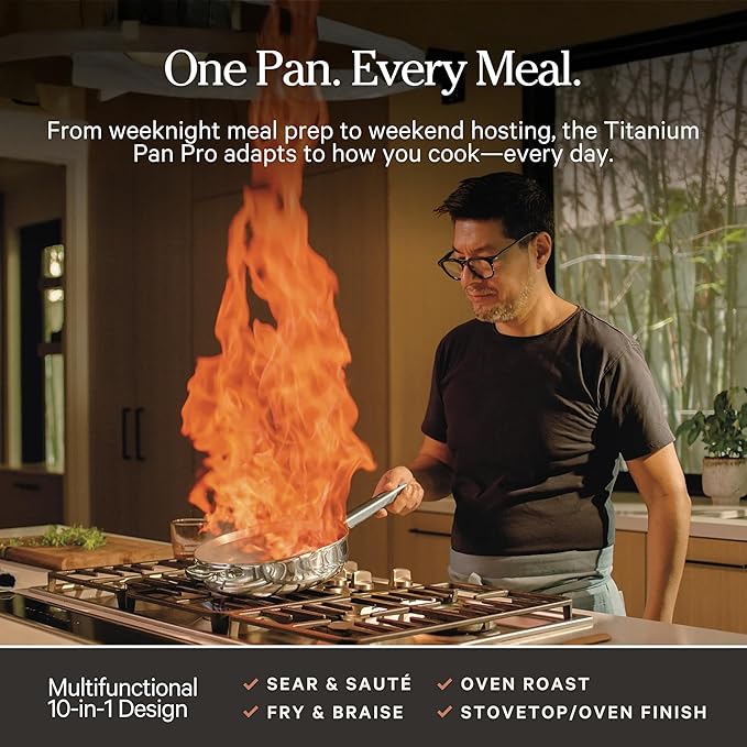 Our Place Mini Titanium Always Pan Pro | 8.5" PFAS-Free Nonstick Frying Pan with Spatula | Chef-Grade Tri-Ply Stainless Steel & Aluminum Build | Induction & Oven-Safe up to 750°F | Gold