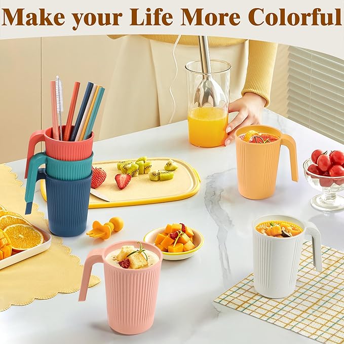 Wheat Straw Coffee Mugs 6-Pack– Unbreakable & Lightweight Cups, 12oz Stackable Cups with 6 Detachable Straws & 2 Cleaning Brushes (Colorful, 12, Fluid Ounces)