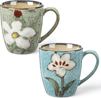 Maxdot 2 Pcs 12oz Ceramic Coffee Mugs Sets Glazing Process Cappuccino Mug Floral Ceramic Tea Cups Mother's Day Idea Gift for Women Mom Porcelain Cup for Coffee, Cocoa, Tea, Latte (Fresh)