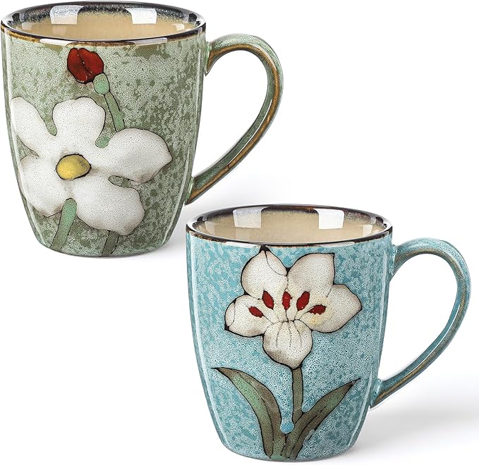 Maxdot 2 Pcs 12oz Ceramic Coffee Mugs Sets Glazing Process Cappuccino Mug Floral Ceramic Tea Cups Mother's Day Idea Gift for Women Mom Porcelain Cup for Coffee, Cocoa, Tea, Latte (Fresh)