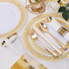 WELLIFE 175Pcs Gold Dinnerware Sets, Include:25 Dinner Plates, 25 Dessert Plates, 25 Paper Napkins, 25 Cups, 25 Plastic Cutlery Set