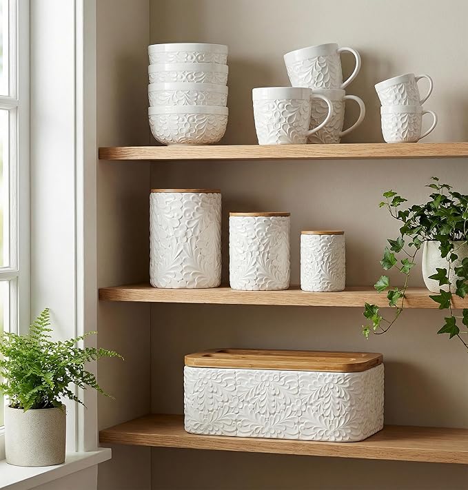 25DOL 16 oz Ceramic Coffee Mugs Set of 4 – Embossed Nature-Inspired Design, Comfortable Grip Handle – Large Latte & Tea Cups, Modern Farmhouse Style – Microwave & Dishwasher Safe