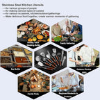 Kitchen Utensils Set Stainless Steel with Wooden Handle,Metal Cooking Utensils Set 12 PCS,Spatulas,Ladle,Skimmer,Tunners,Spaghetti Spoon,Fork,Potato Masher,Egg Whisk,Tongs