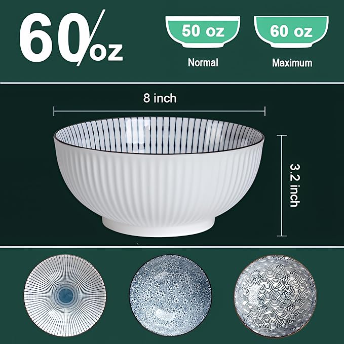 QINLANG 60 oz Large Soup Bowl, Pho Bowls, Japanese Ramen Bowls Set of 3, 8 in Blue and White Porcelain Big Bowls for Eating - 3 Mixing Patterns