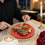 WDF Partyware 175 Pieces Red Plastic Plates with Gold Rim Include Dinner Plate 10" Dessert Plate 7" gold Cups 9 OZ, Pre Rolled Napkins 25 of each type for Wedding/Spring/Birthday/Mother's Day