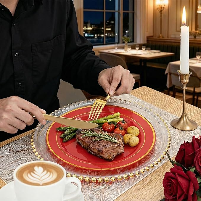 WDF Partyware 175 Pieces Red Plastic Plates with Gold Rim Include Dinner Plate 10" Dessert Plate 7" gold Cups 9 OZ, Pre Rolled Napkins 25 of each type for Wedding/Spring/Birthday/Mother's Day