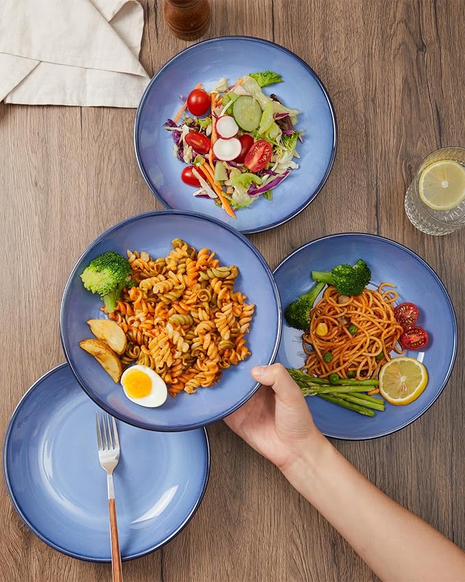 Pokini Ceramic Pasta Bowl Set of 4, 32 Oz Large Salad Bowls for Serving, Microwave & Dishwasher Safe Soup Bowls for Kitchen, Light Blue Stoneware Bowl Set