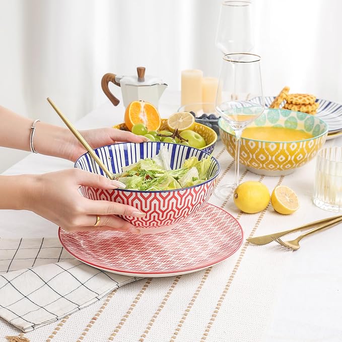 Selamica Ceramic Large Salad Bowls Set, 53 OZ Pho Bowls 8 Inch Soup Bowls for Kitchen, Large Serving Bowls for Ramen Pasta Fruit Dinner, Stackable & Sturdy, Set of 3, Assorted Colors