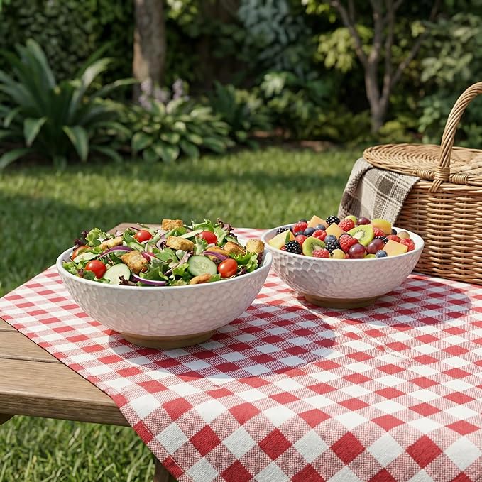 Large Ceramic Dinner Bowl Set - 2-Piece Handmade Salad Bowl Set, 58 oz Each, Dishwasher and Oven Washable, Vanilla White 9.5”
