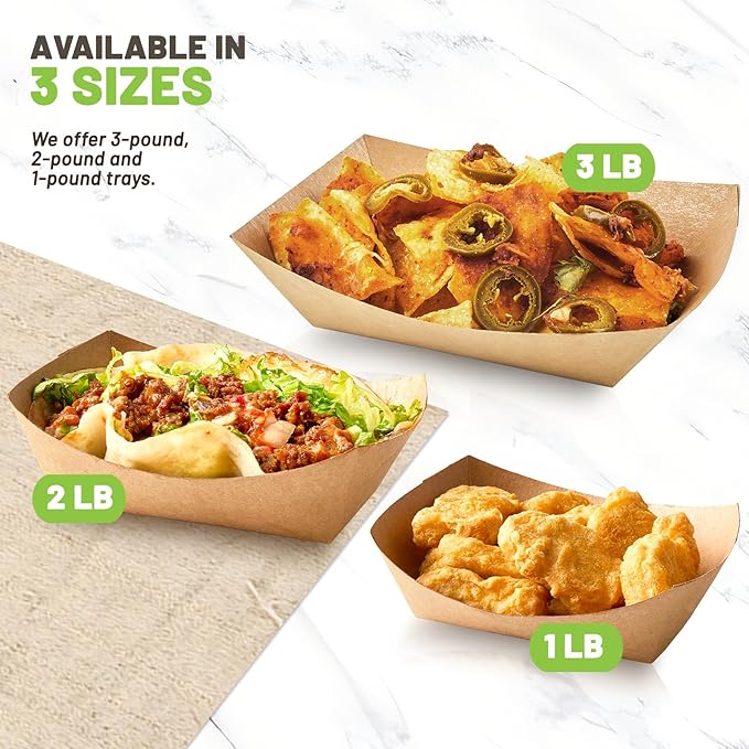 ZORRITA 3 Lb Paper Food Trays - 100 Pack Disposable Nacho Trays, Kraft Paper Food Boats Taco Holders Party Serving Baskets for Hot Dogs Snacks Tacos Fries