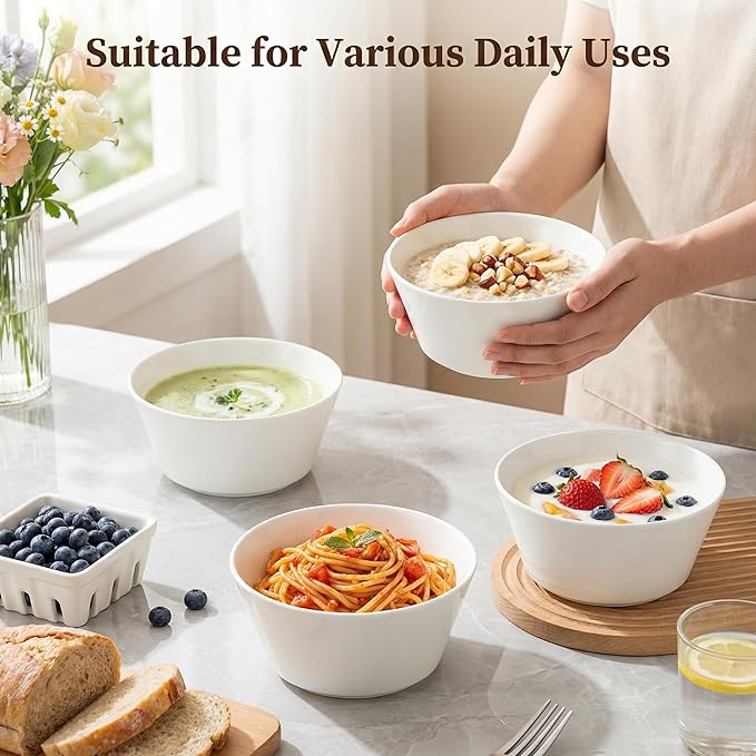 Bone China Soup Bowls Set of 4, 29oz Lightweight Cereal Bowls, 6 inch White Modern Conical Shape for Salad Oatmeal Pho Ramen Pasta, Stackable Deep Design, Microwave Dishwasher Safe